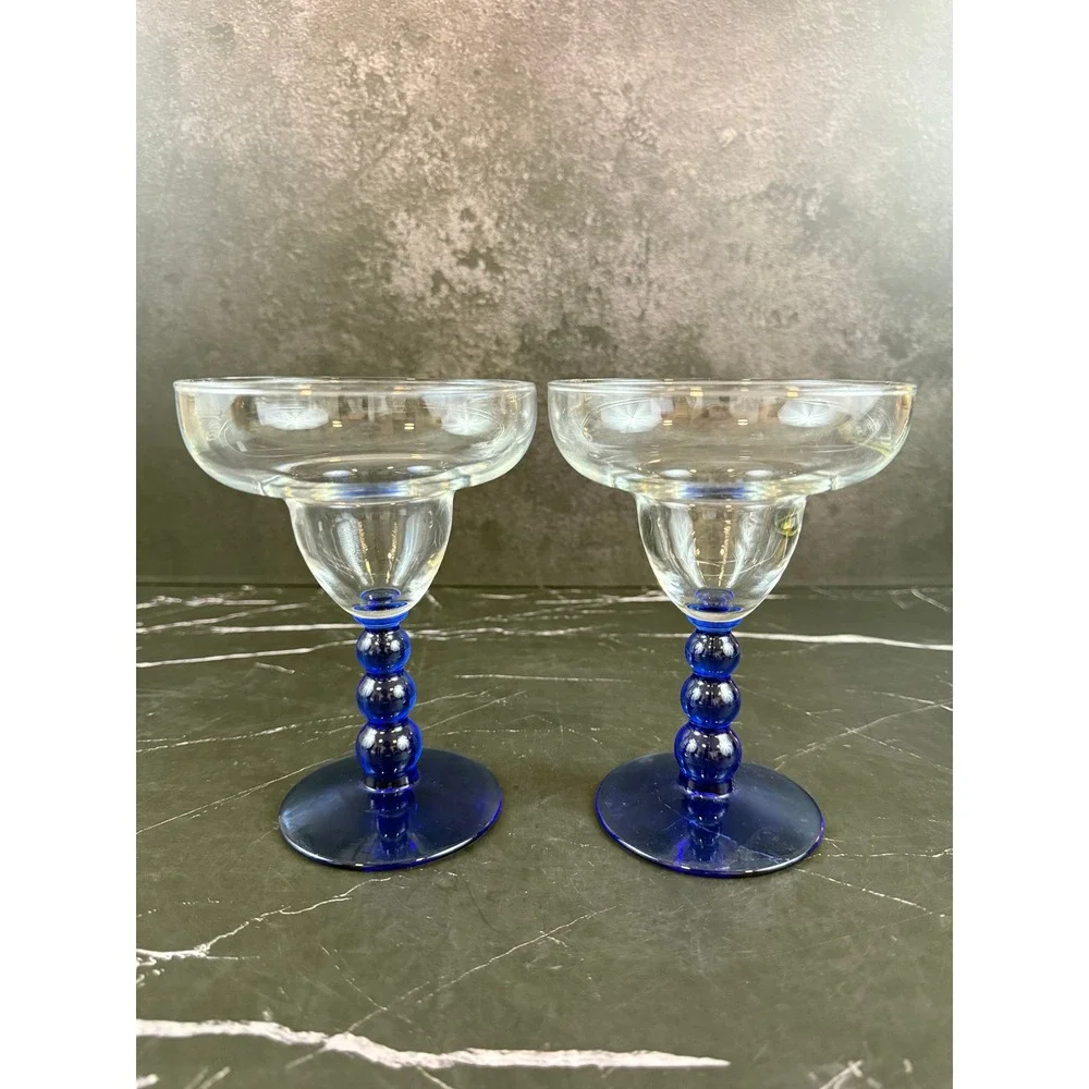 VTG PAIR (2) Libbey Metropolis Blue Margarita Cobalt Blue Bubble Stem 6in MINT!